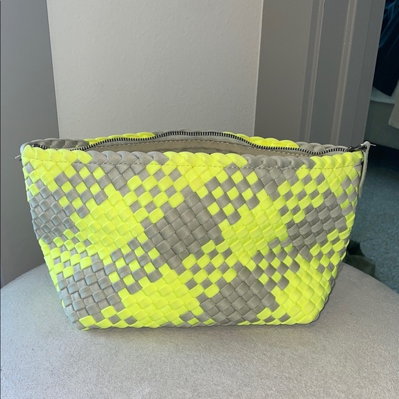 Naghedi Handbags - Naghedi Neon Yellow and Gray Woven Cosmetic Pouch